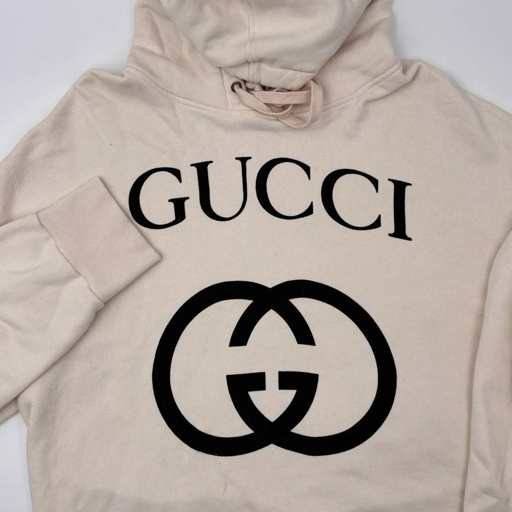 GUCCI Interlocking G Logo Hooded Sweatshirt Cream Men's Size XXL